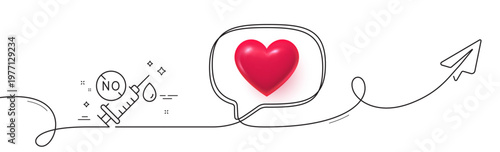 Coronavirus syringe line icon. Continuous line with share plane. Covid-19 no vaccine sign. Corona virus symbol. 3d heart in speech bubble. Coronavirus vaccine single line ribbon. Vector