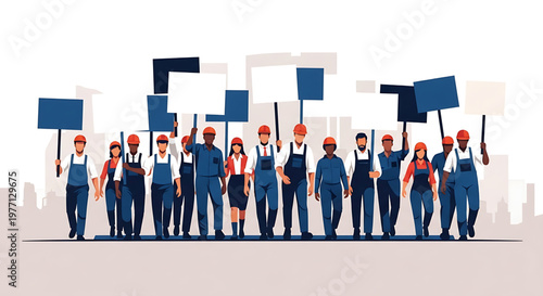 United front of diverse industrial and construction workers protesting with blank signs against a city backdrop, symbolizing collective action for labor rights and change