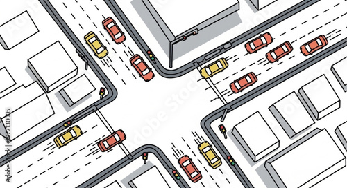 Busy City Intersection with Cars and Buildings.