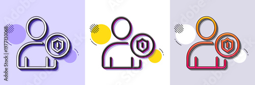 User Protection line icon. Halftone dotted pattern. Gradient icon with grain shadow. Profile Avatar with shield sign. Person silhouette symbol. Line security icon. Various designs. Vector