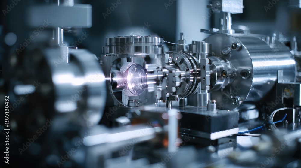 Fototapeta premium Scientific research apparatus operating in a laboratory environment, a glowing laser beam passing through highly advanced optical and metallic components in a high tech setting