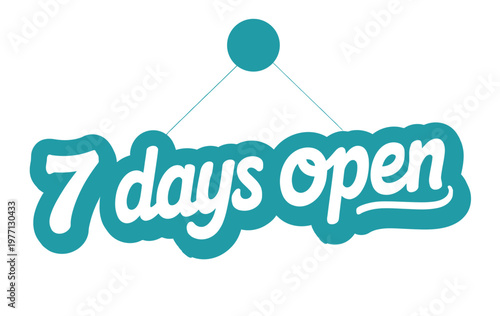 A teal banner announces a business is open seven days a week