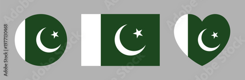 Flag of Pakistan button, sticker in heart, round, rectangular shape. Set of Pakistan flag rectangle, circle, heart shaped icon, badge. National Pakistan flag background, banner.