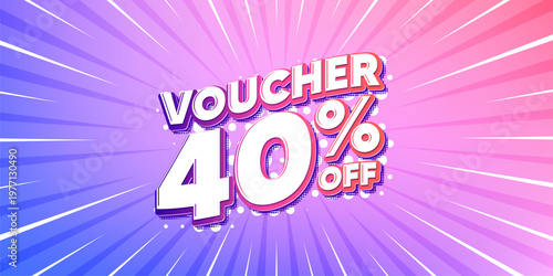 Coupon sun rays gradient banner. Light burst background. Voucher 40 percent off sale. Special offer coupon sign. Black friday discount symbol. Gradient sun rays. Sunburst light. Vector