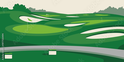 Golf Course Layout With Green Fairways And Sand Traps