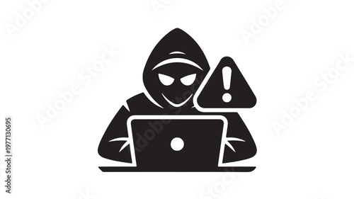 Hacker wearing hoodie using laptop with warning sign for cybersecurity concepts