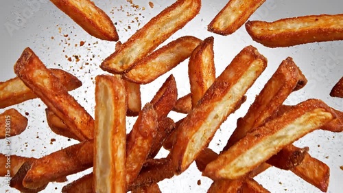 Close-up of crispy, seasoned potato fries flying in the air against a white background