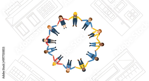Community and construction Diverse group of people holding hands in a circle around houses