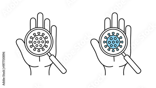 Hands holding magnifying glass over virus cells