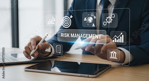 Businessman Interacting with Digital Risk Management Interface on Tablet.