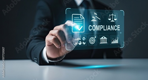 Businessman Interacting with Digital Compliance Interface.