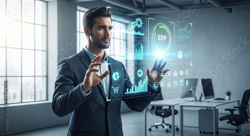 Businessman Interacting with Futuristic Holographic Interface in Modern Office.