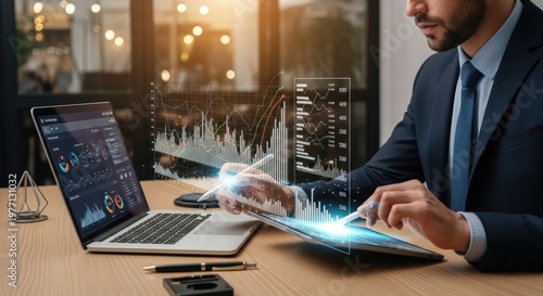 Businessman working with laptop and tablet in modern office.