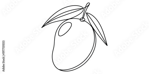 A single continuous line drawing of a fresh tropical mango fruit with two attached green leaves