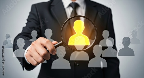 Businessman holding magnifying glass over glowing human icon in a group of grey icons, symbolizing talent acquisition and recruitment.