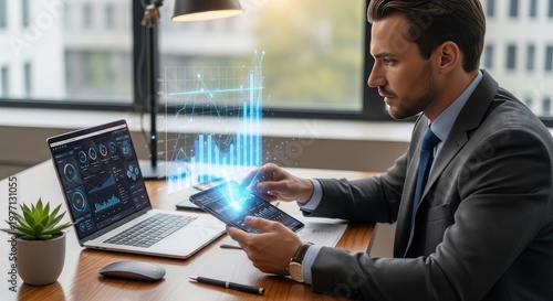 Businessman Analyzing Data with Holographic Projections and Laptop.