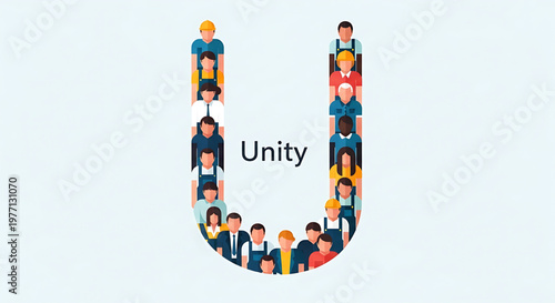 A graphic illustration of various people joining forces to create the letter U, representing the essential concepts of unity, teamwork, and collective success in a vibrant community