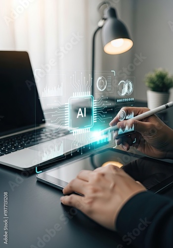 Person working on laptop with AI interface and digital pen.