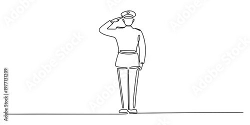 A single continuous line drawing of a soldier in uniform standing at attention and giving a salute