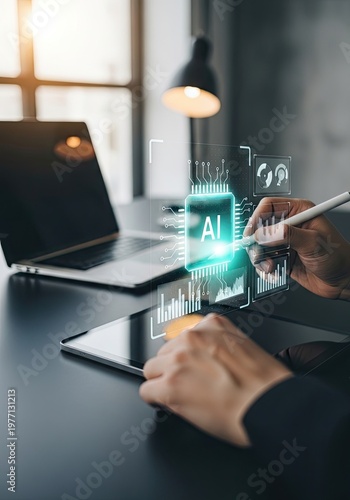 Person interacting with AI chip hologram on tablet in modern office.