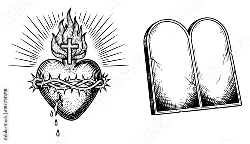 Powerful ocean waves curling to form a heart shape in a detailed engraving style