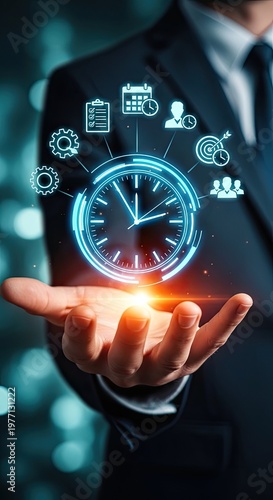 Businessman holding a glowing digital clock with various business icons representing time management and productivity.