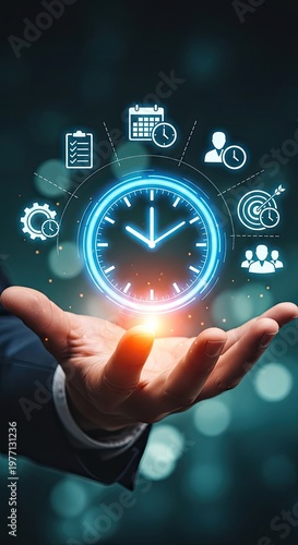 Businessman holding glowing clock with time management icons.