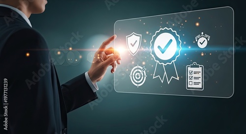 Businessman touching virtual screen with quality assurance and certification icons.