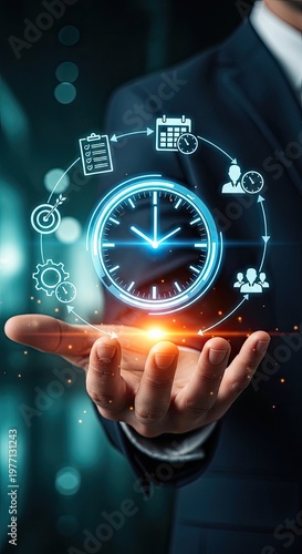 Businessman holding a glowing clock with surrounding icons representing time management and productivity.