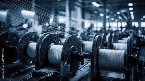 Automated spinning machine spools fiber threads onto bobbins in a modern industrial setting, representing efficiency, technology, and large scale manufacturing processes