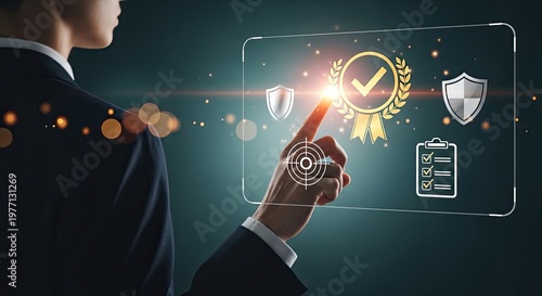 Businessman touching virtual screen with quality assurance and certification icons.