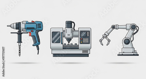 Industrial tools and machinery including drill CNC machine and robot arm.