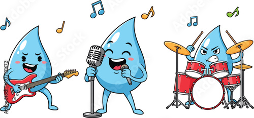 Cute water drop band cartoon with guitar singer microphone and drum set kawaii music characters isolated on white background