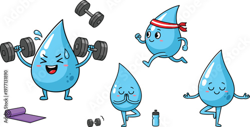 Cute water drop fitness cartoon set with workout exercises dumbbells yoga running and healthy lifestyle characters isolated on white background