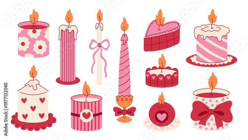 Pink Candle Flame Set. Romantic aromatic burning light equipment. Hand drawn Coquette elements with melting wax bow flicker lace stripes. Vector illustration