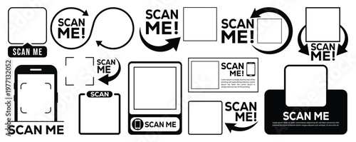 Collection of minimalist black and white scan me QR code frames, labels and icons with arrows, speech bubbles and smartphone symbols. Modern UI elements for marketing.