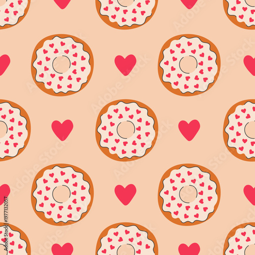 Doughnut and Heart Shape Seamless Pattern. Cute glazed Donut Background with Love symbols liquid icing and sugar sprinkles. Modern Romantic Bakery design. Vector illustration