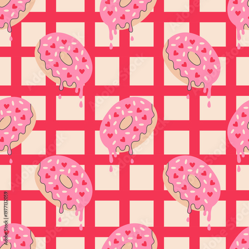Pink Doughnut Grid Seamless Pattern. Trendy Coquette Falling Donut with melting glaze and heart shaped sprinkles. Modern Pastry Bakery Background. Flat Vector illustration