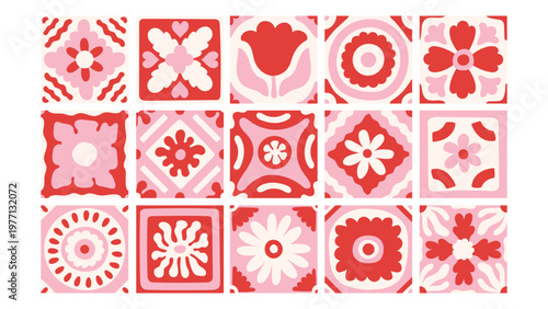 Pink Mediterranean Floral Tile Set. Modern Minimal Hand Drawn Coquette Flower Blossom Lace Abstract Geometric Organic Shape seamless pattern collection. Vector illustration