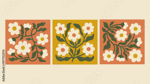 Abstract Minimal Daisy Art Set. Hand Drawn Chamomile Botanical Organic Shapes Collection with Wavy Blossoms and Leaves. Cozy Square Gallery Art. Vector illustration