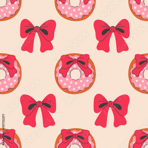 Christmas Doughnut with Red Bow Seamless Pattern. Cute Festive Holiday Bakery Background with colorful donut tied ribbon pink topping sugar sprinkles. Pastry product wrapping paper. Vector
