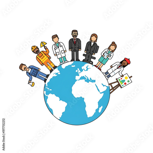 Diverse global professions united on Earth, illustrating various career fields and skilled workers symbolizing international collaboration and human contribution