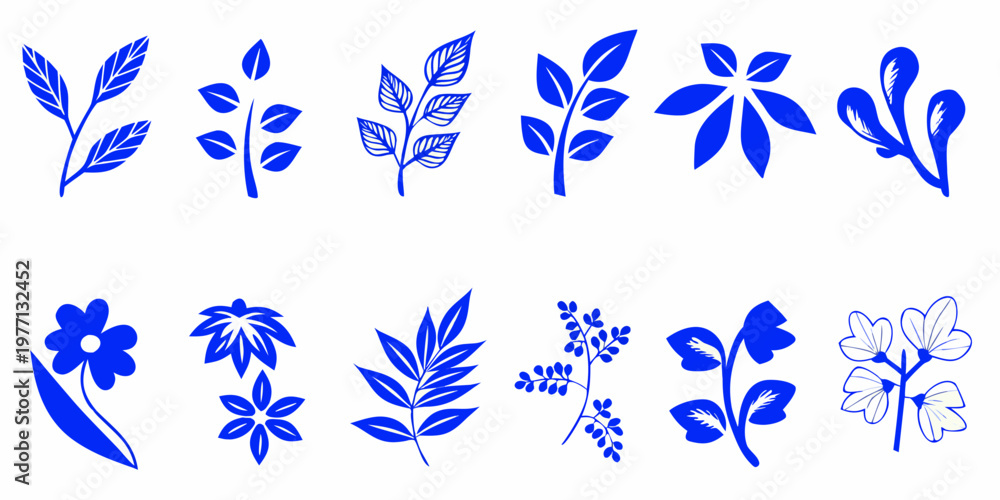 Fototapeta premium Collection of stylized blue floral and foliage illustrations on white
