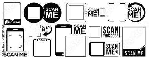 Collection of minimalist black and white scan me QR code frames, labels and icons with arrows, speech bubbles and smartphone symbols. Modern UI elements for marketing.