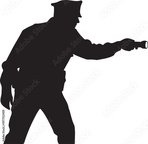 Silhouette of a police officer holding a flashlight