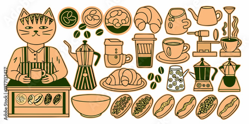 A whimsical illustration of a cat barista surrounded by coffee and pastries