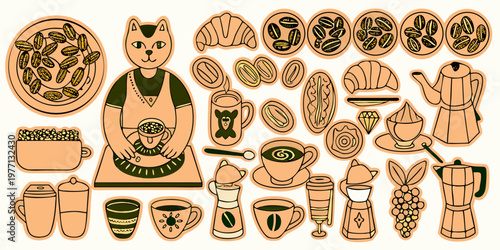 A whimsical illustration featuring a cat barista and various coffee elements