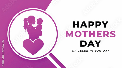 Happy Mothers Day greeting card design featuring a silhouette of a mother holding her child with a heart shape and vibrant purple and pink geometric background elements for social media.