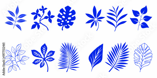 Canvastavla Collection of stylized blue leaves and botanical illustrations