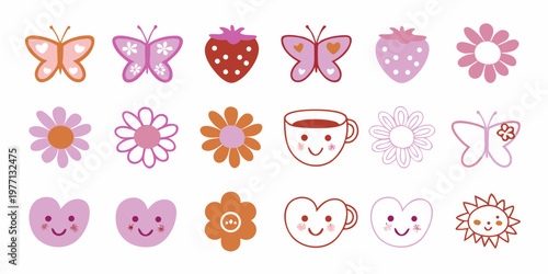 Cute cartoon illustrations of butterflies flowers strawberries and a teacup